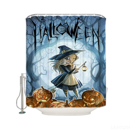 Haunted Forest Tree Cute Witch with Pumpkins Cartoon Halloween Witch Shower Curtain