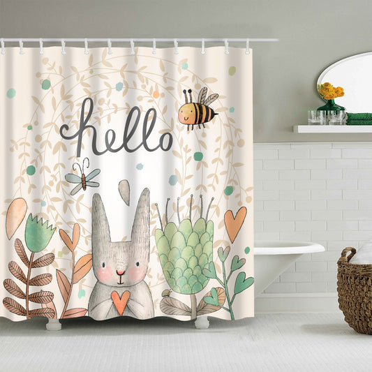 Hello Easter Holiday Cute Rabbit with Bee Spring Shower Curtain