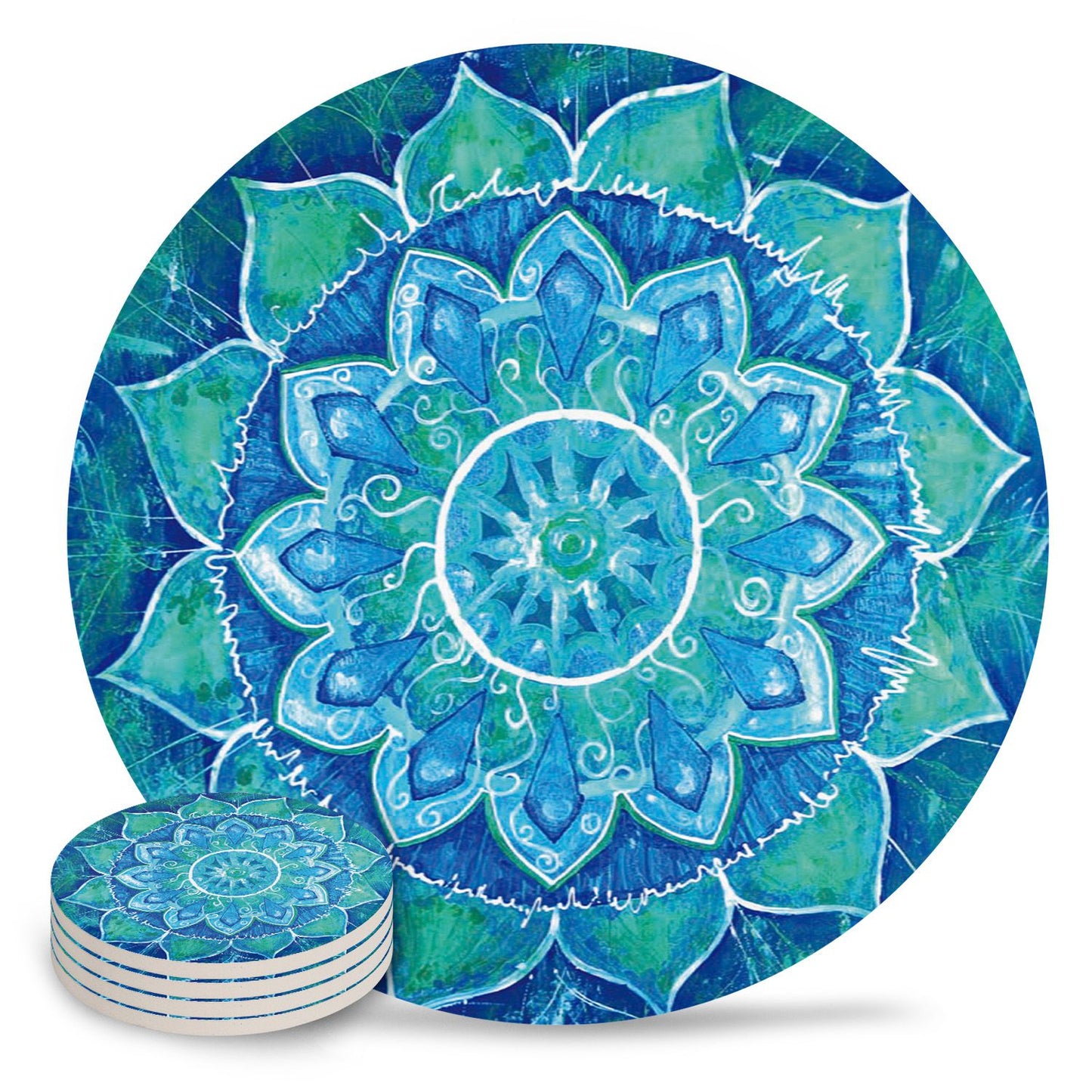 Hippie Boho Blue Mandala Ceramic Stone Coasters Set