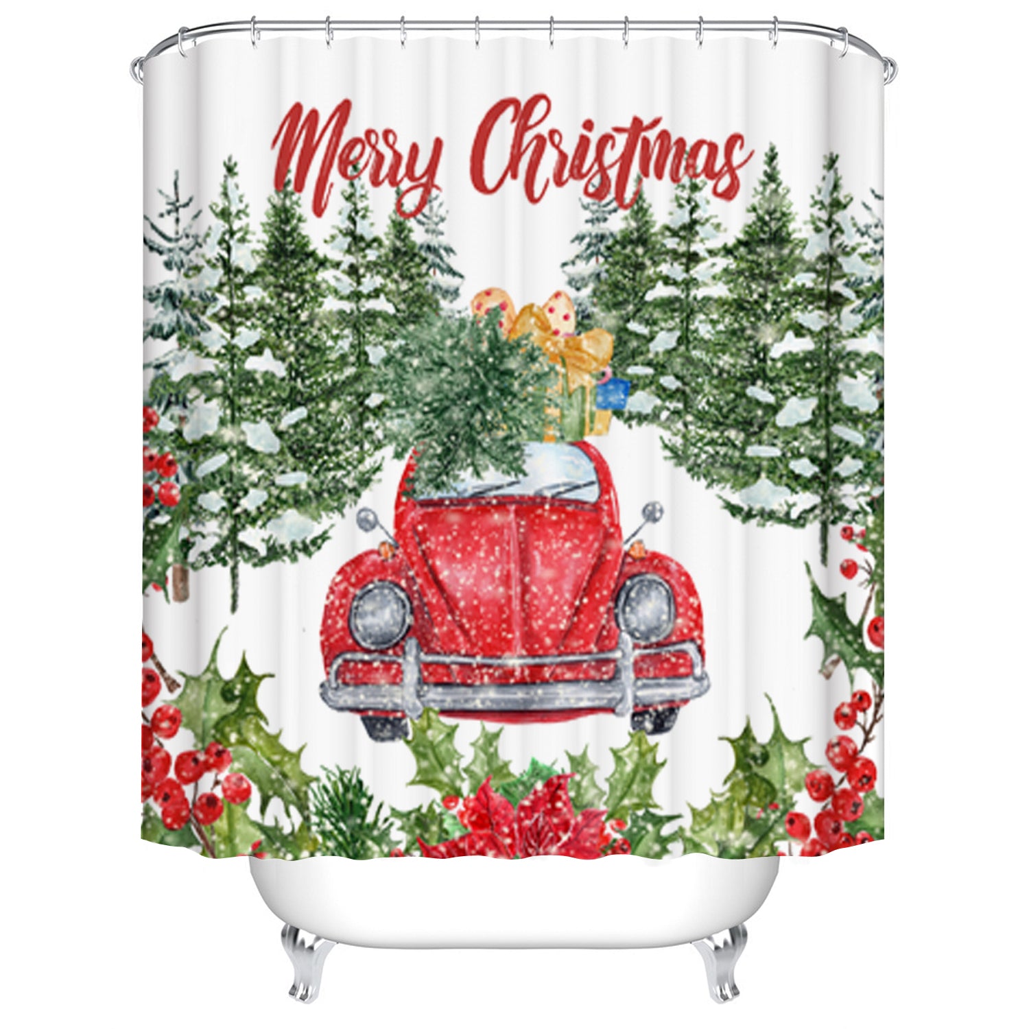 Holiday Celebration Green Tree Forest Red Christmas Truck Shower Curtain