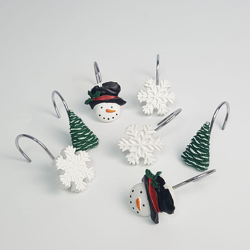 Holiday Snowman Snowflakes Tree Christmas Shower Curtain Rings Hooks