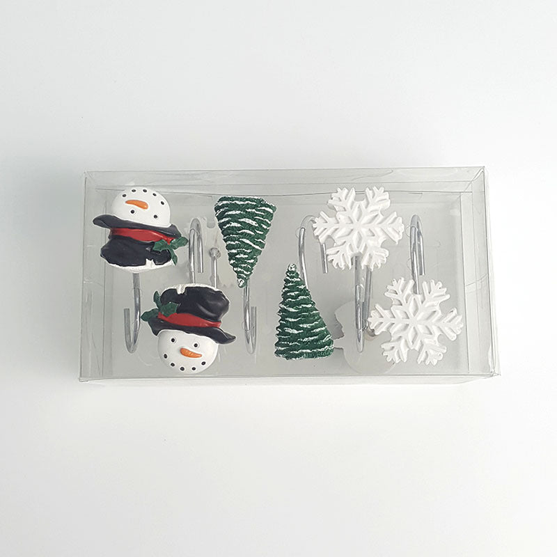 Holiday Snowman Snowflakes Tree Christmas Shower Curtain Rings Hooks packge