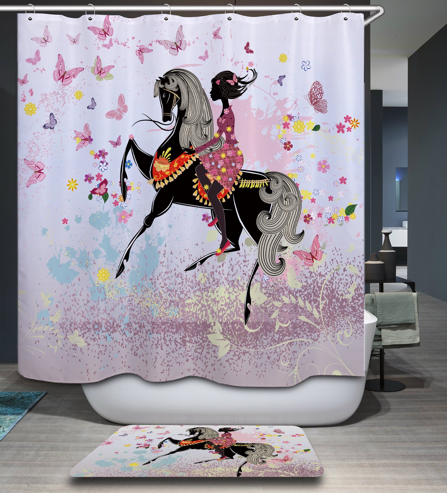 Horse Riding Girl Butterfly Flower Shower Curtain