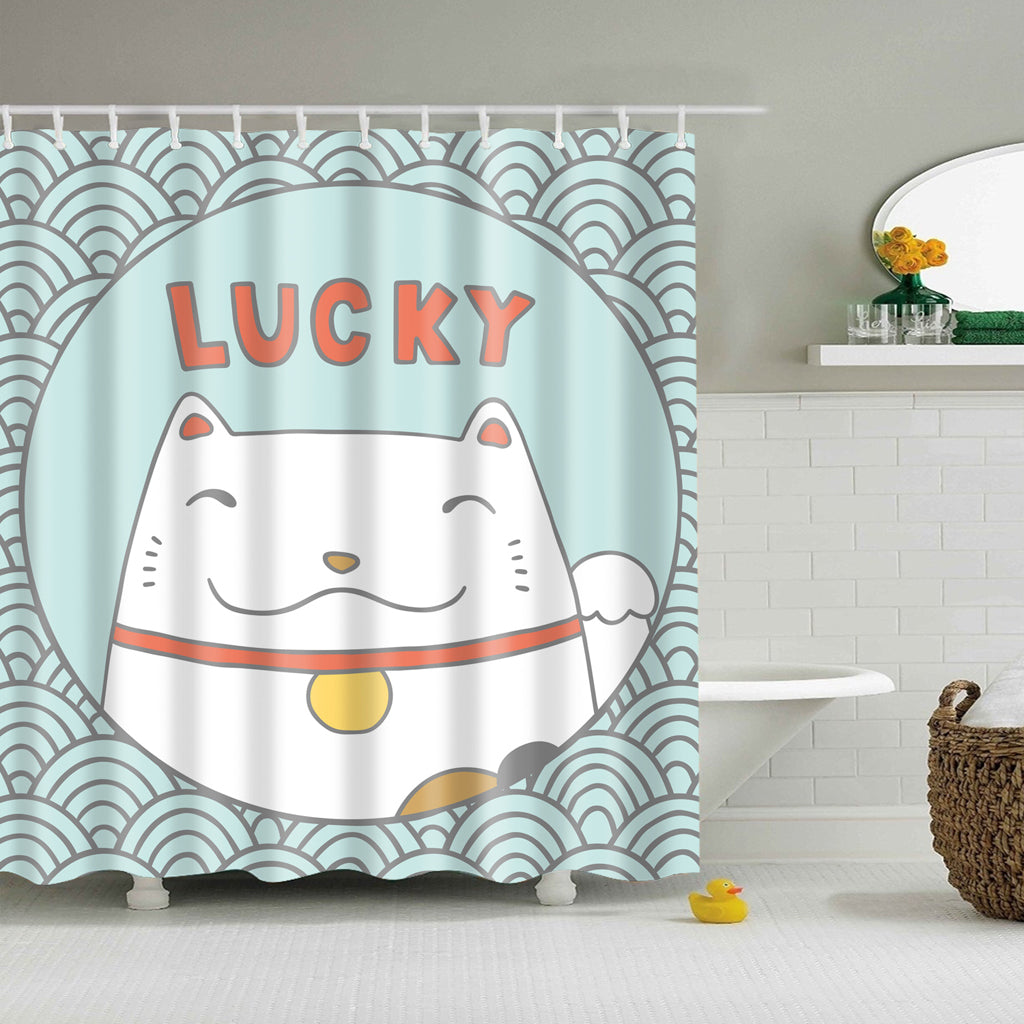 Japanese Maneki Neko Lucky Cat Shower Curtain | GoJeek