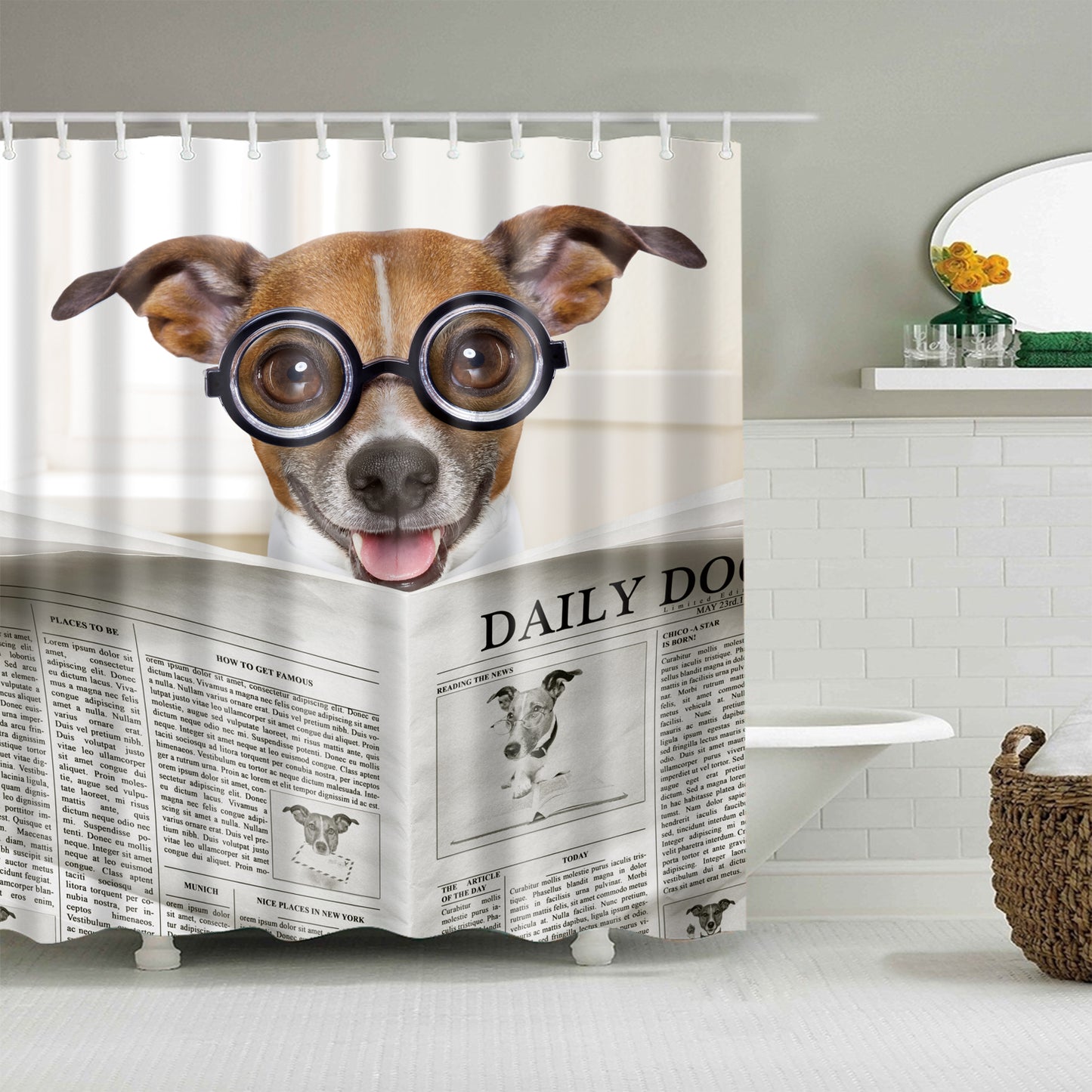 Javier Brosch Dog Reading Paper at Toilet Shower Curtain