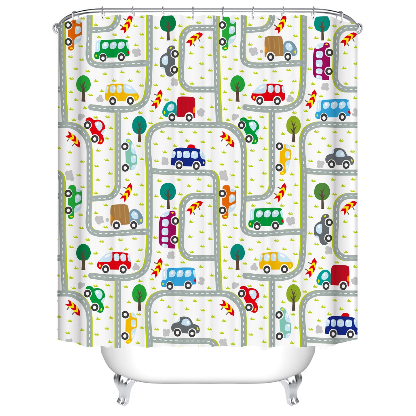 Kids Cute Drawing Roads Traffic Colorful Cartoon Cars Shower Curtain