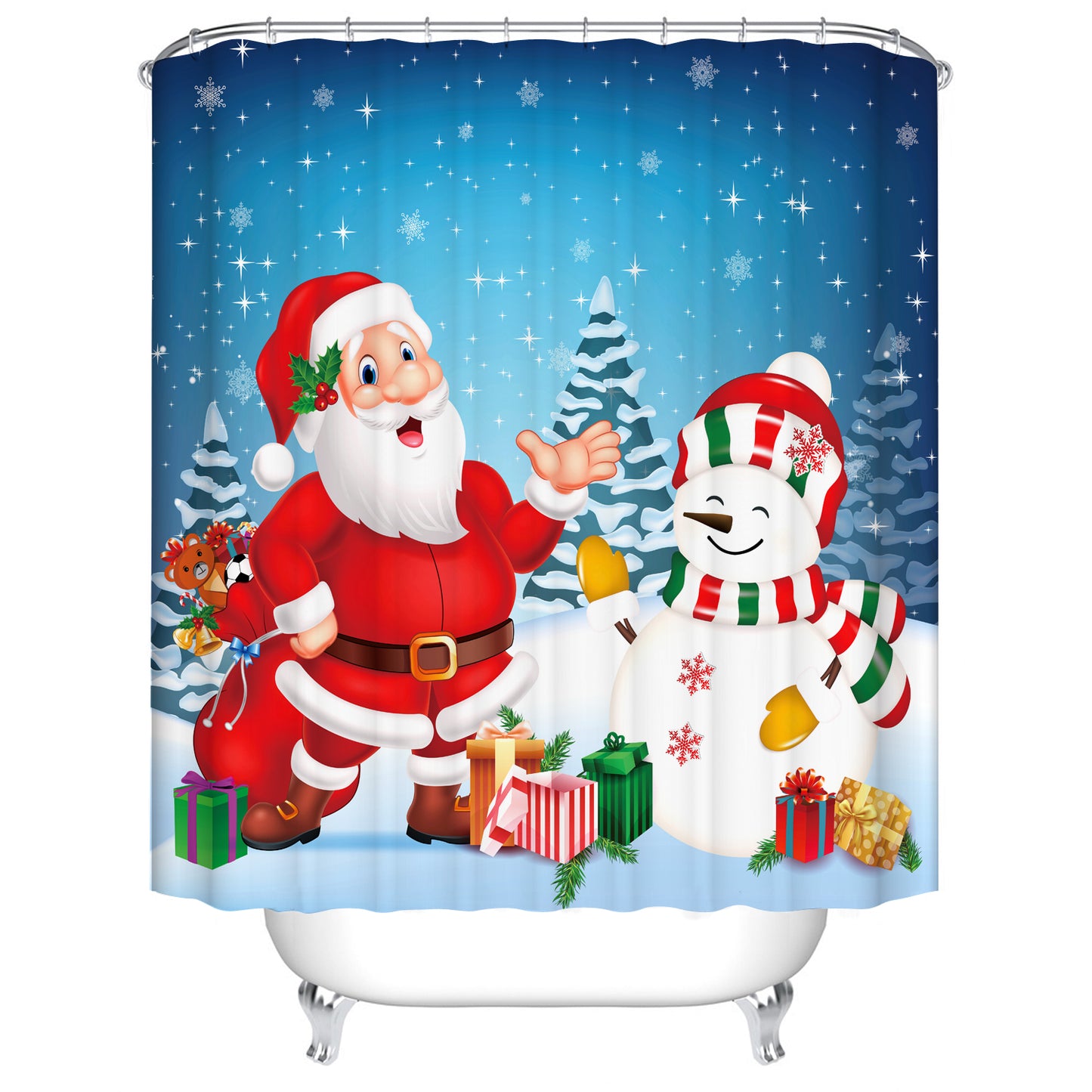 Kids Holiday Themed Santa with Snowman Cartoon Christmas Shower Curtain