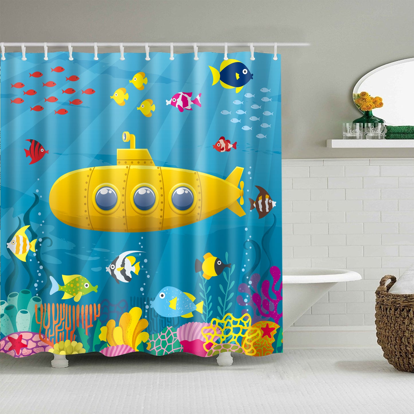 Kids Nautical Yellow Cute Submarine Shower Curtain