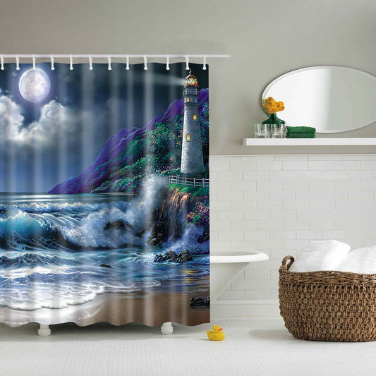 Lighthouse in The Moonlight Painting Shower Curtain | GoJeek