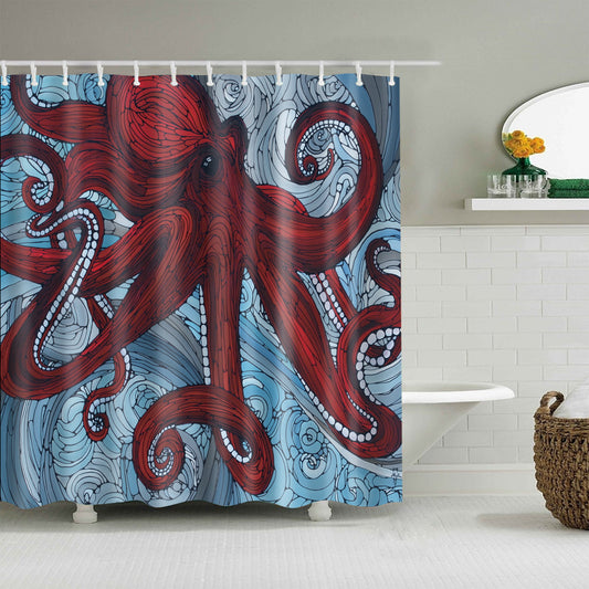 Line Drawing Art Colossal Red Octopus Shower Curtain