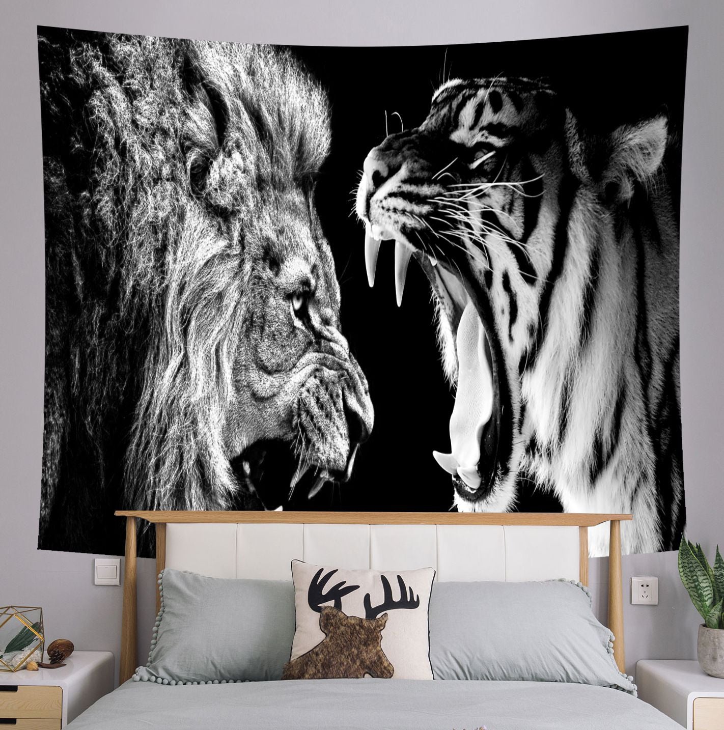 Lion with Tiger Yelling at Each Other Tapestry Black White Wild Animal