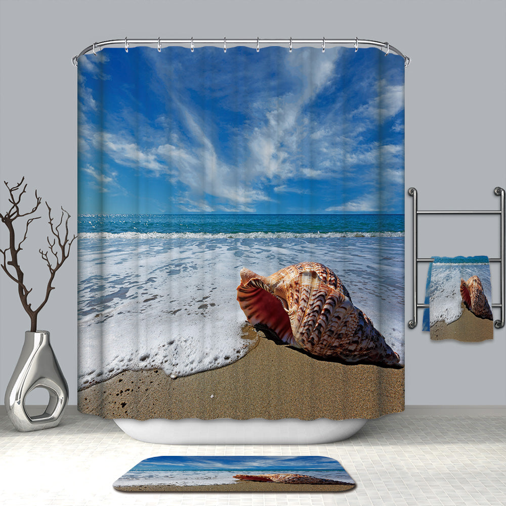 Low EBB Beautiful Beach Sand with Blue Sky Big Conch Shower Curtain