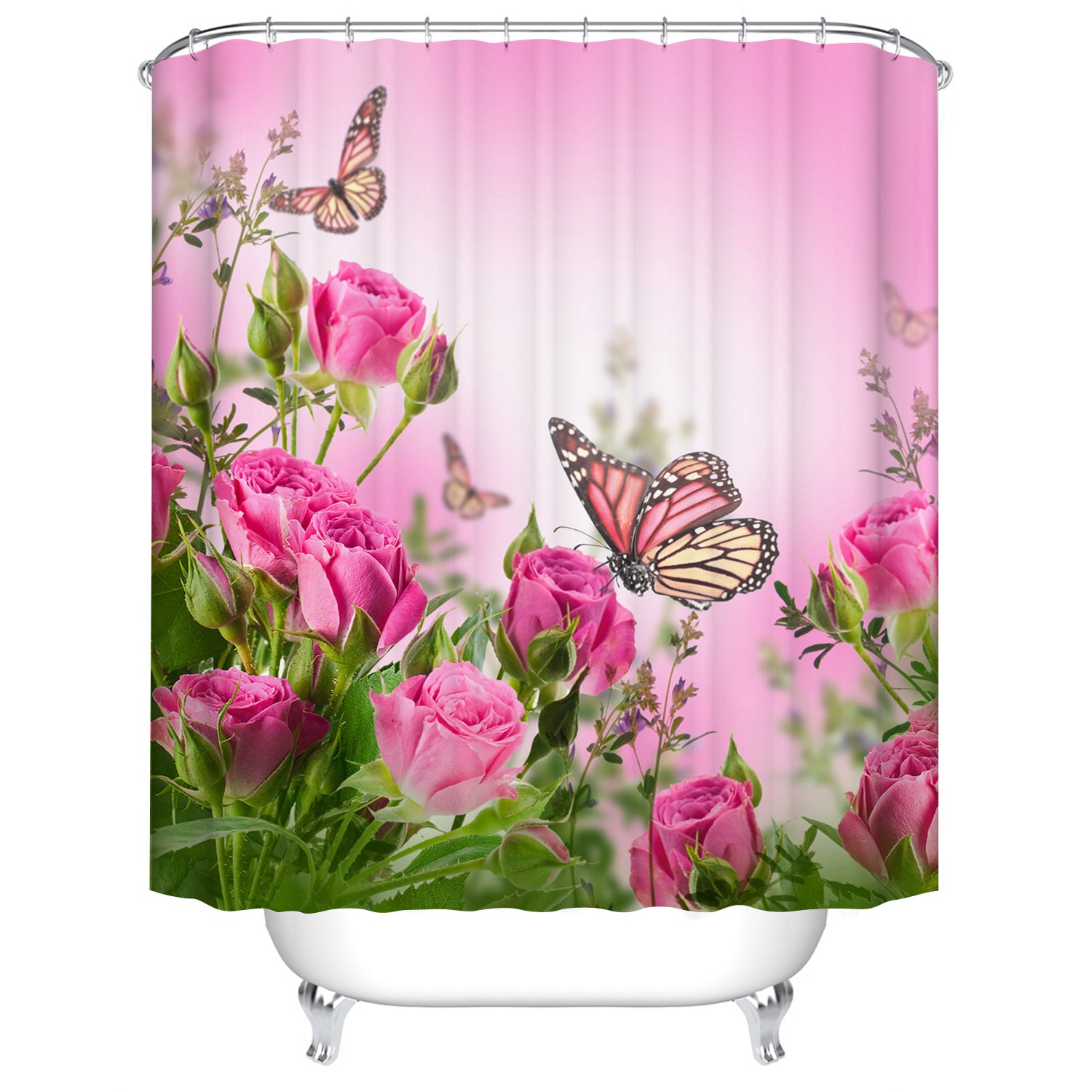 Lush Pink Rose Blossom Monarch Butterfly Shower Curtain