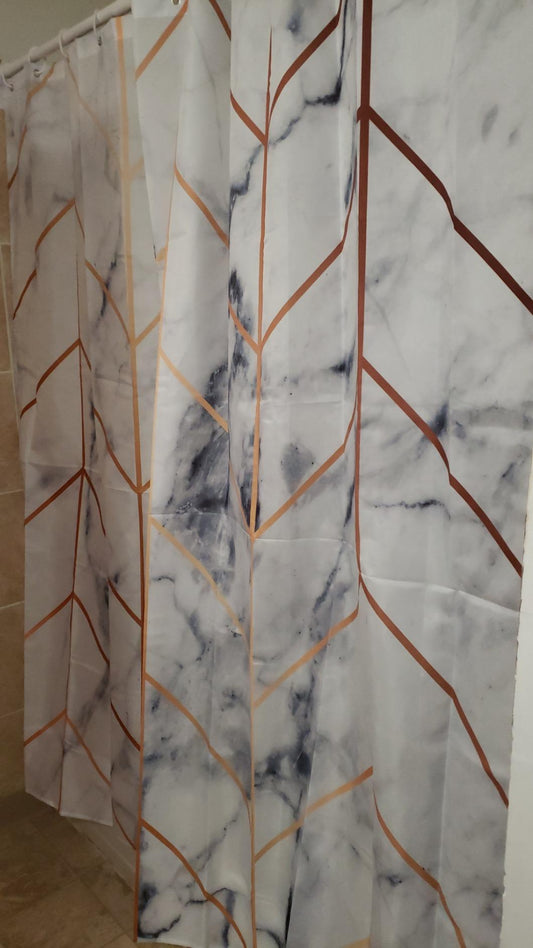 Golden Geometric Lines White Marble Shower Curtain