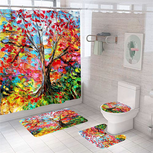 Red Leaves Autumn Fall Tree of Life Shower Curtain Set - 4 Pcs