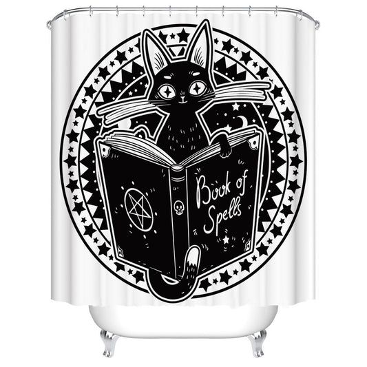 Magician Cat with Book of Spell Shower Curtain Black White Print