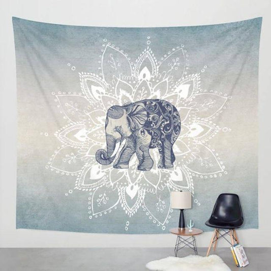Mandala Floral Print Backdrop Blue Elephant Tapestry