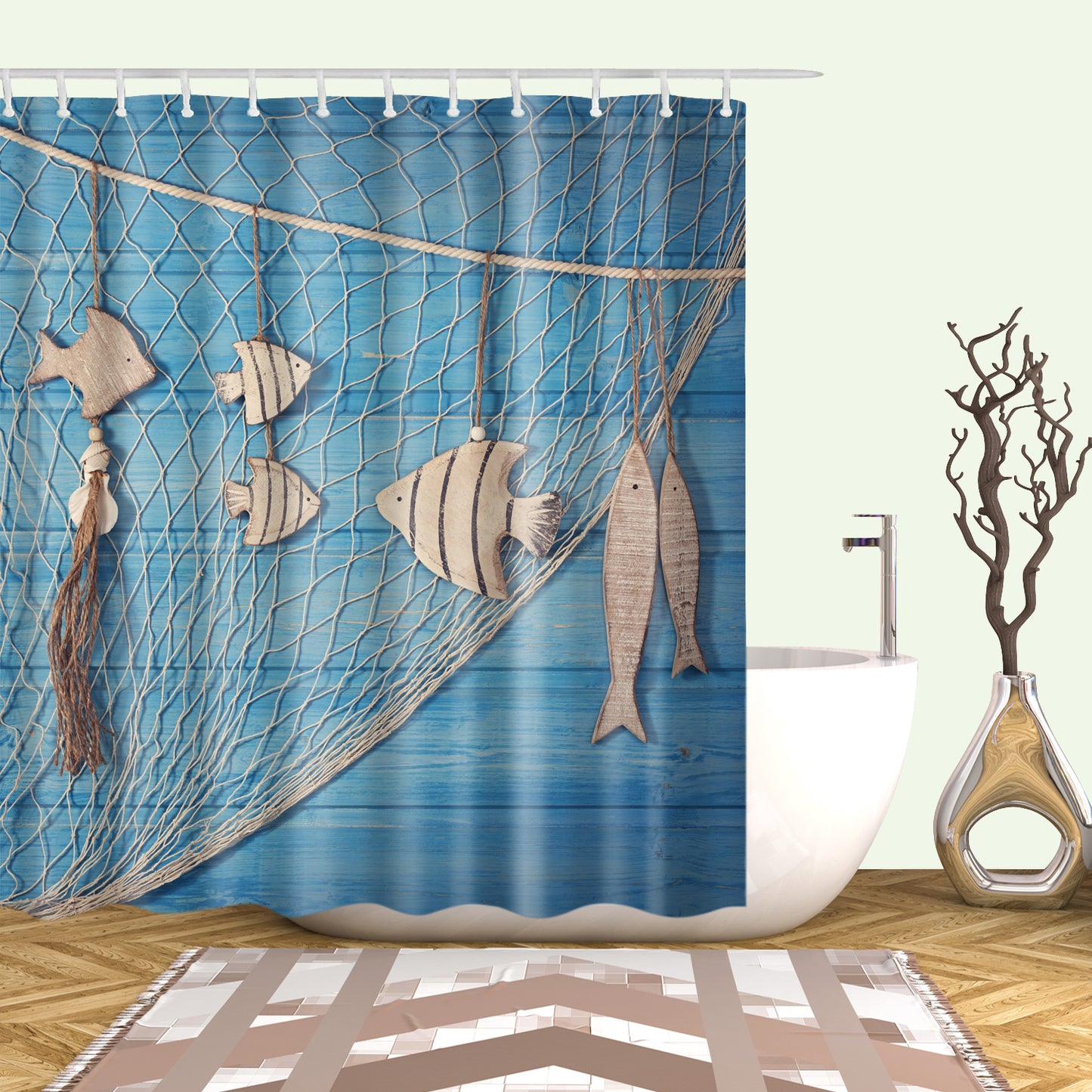 Marine Life Decoration Blue Shabby Wood Shower Curtain