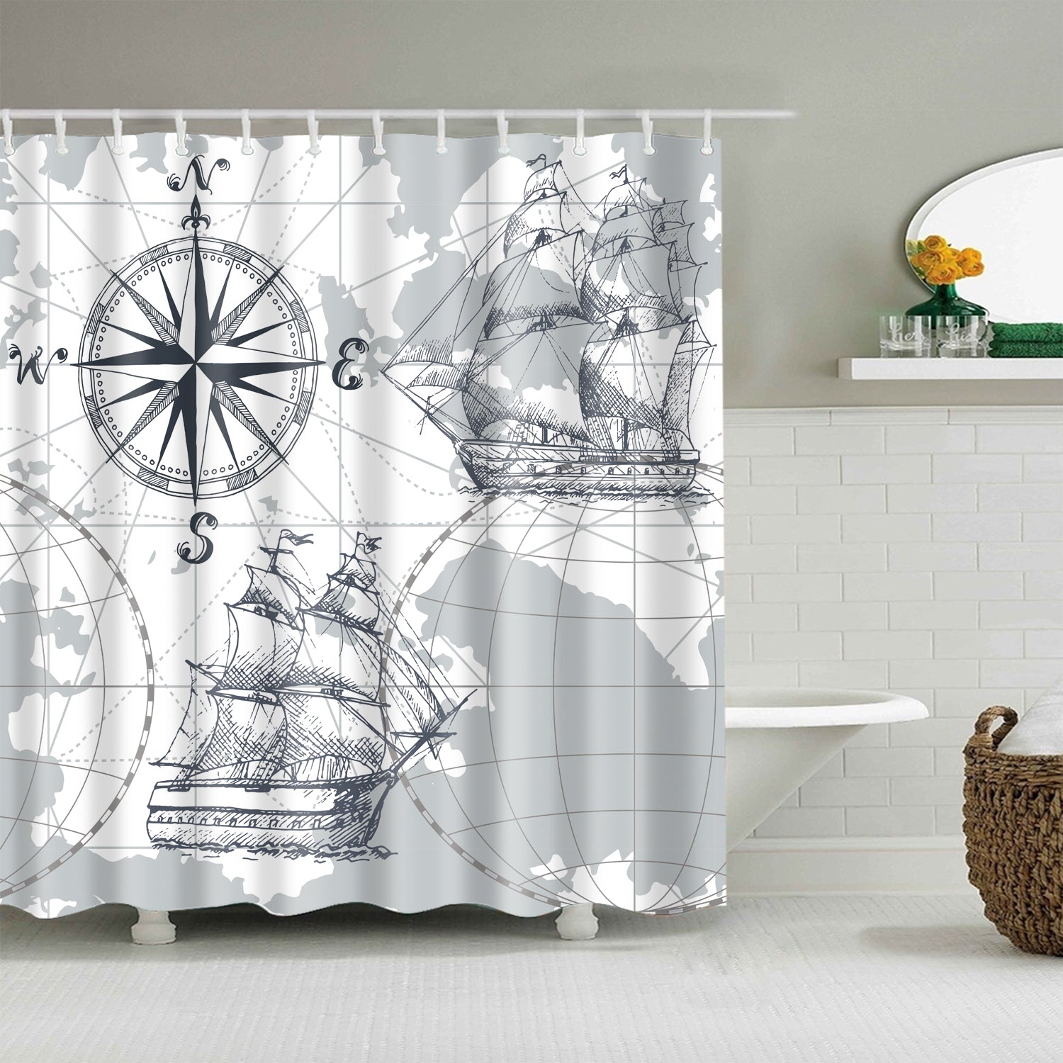 Medieval Compass and Sailing Ship Blue Nautical Sea Map Shower Curtain