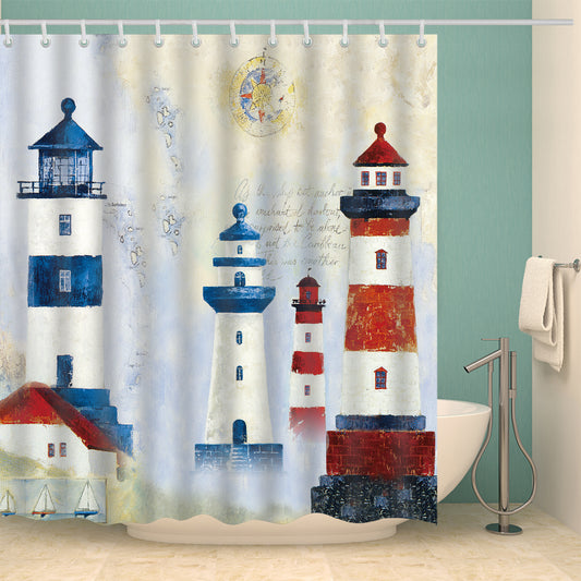 Mediterranean Style Oil Painting Lighthouse Shower Curtain