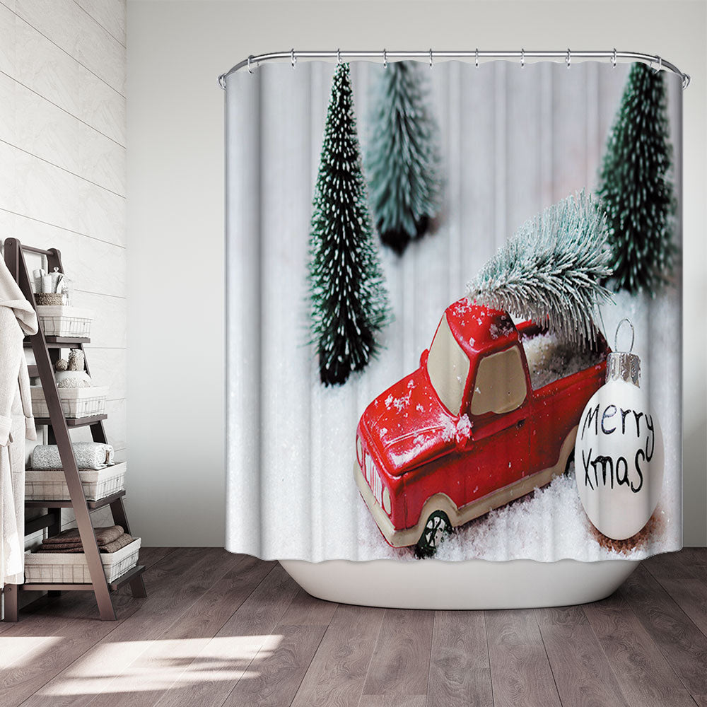 Merry Christmas Ornaments Tree Ball Truck Christmas Truck Shower Curtain