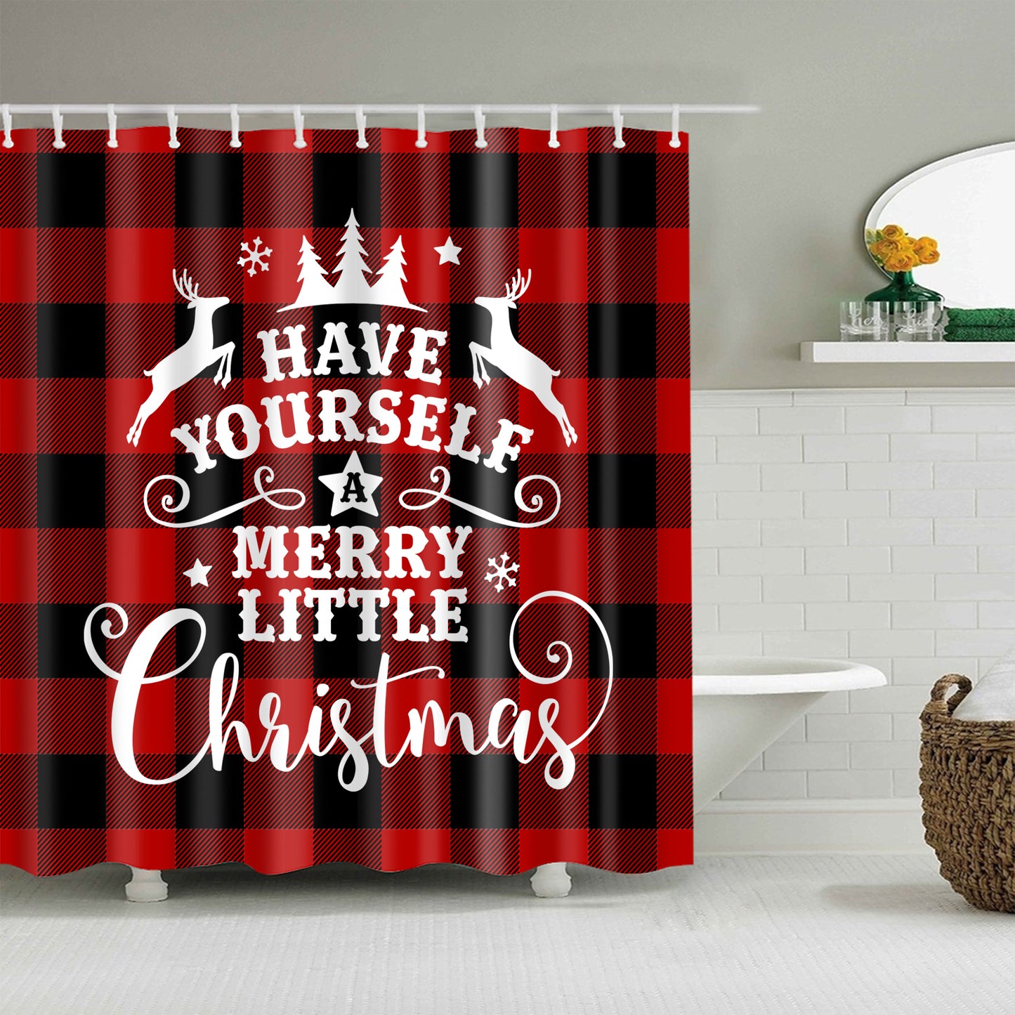Merry Christmas Quote Burgundy Tartan Plaid Shower Curtain