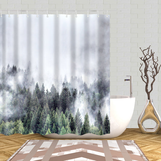 Misty Fog Pine Forest On Mountain Shower Curtain