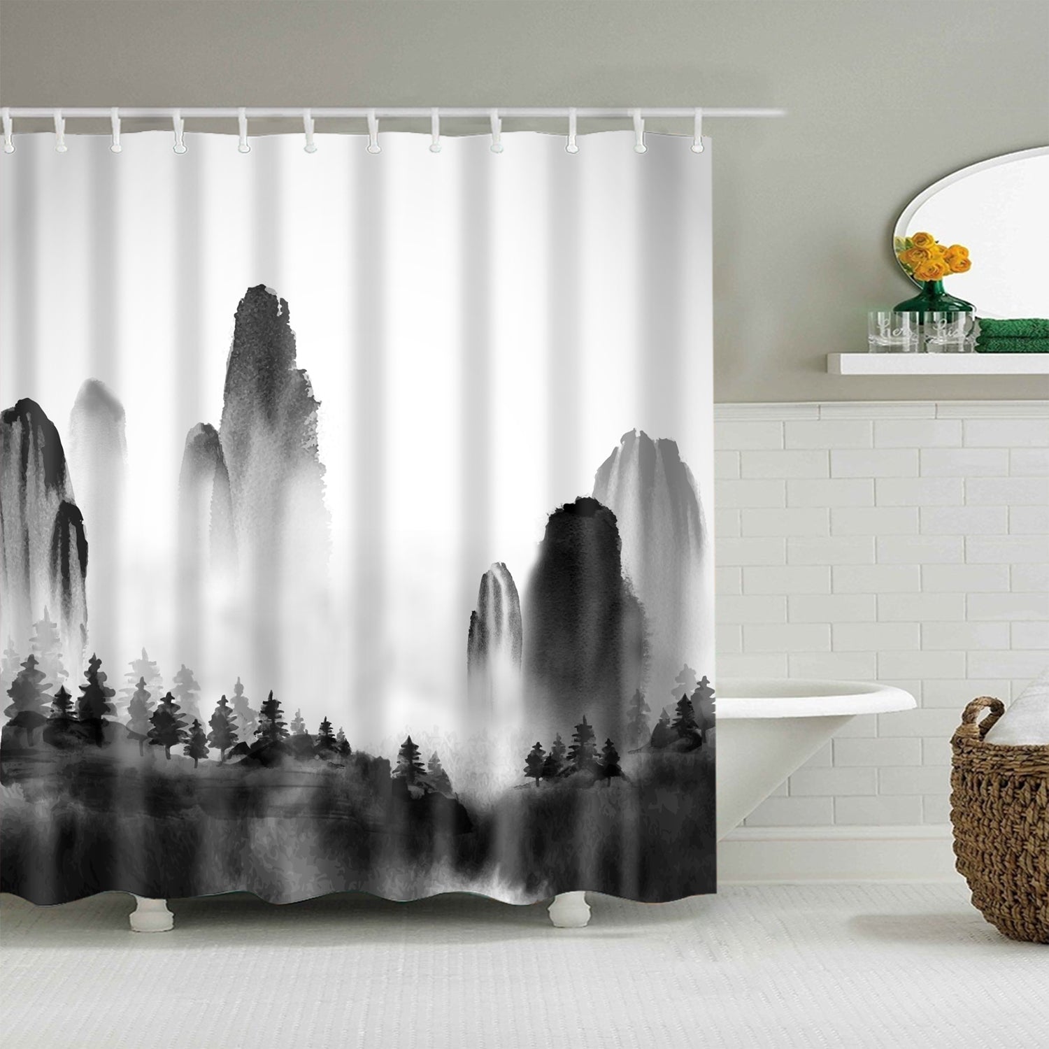 Monochrome Ink Mountain Chinese Painting Forest Shower Curtain