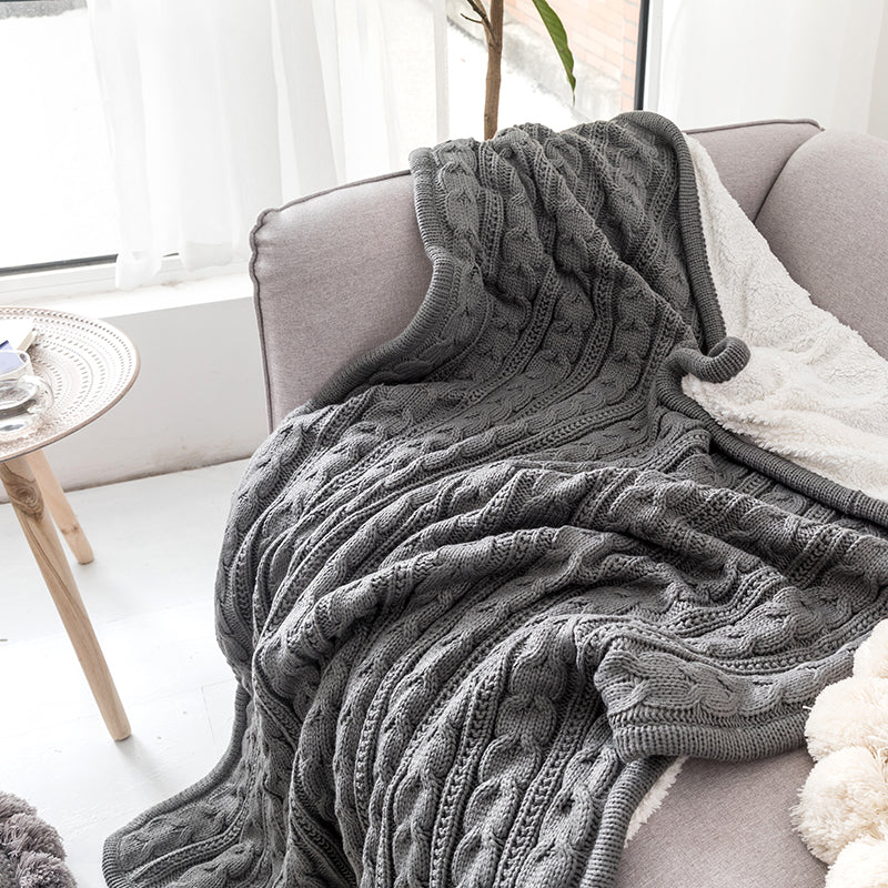 Grey Color Chunky Knit 2 Sides Acrylic Yarn Plush Soft Sherpa Throw Blanket