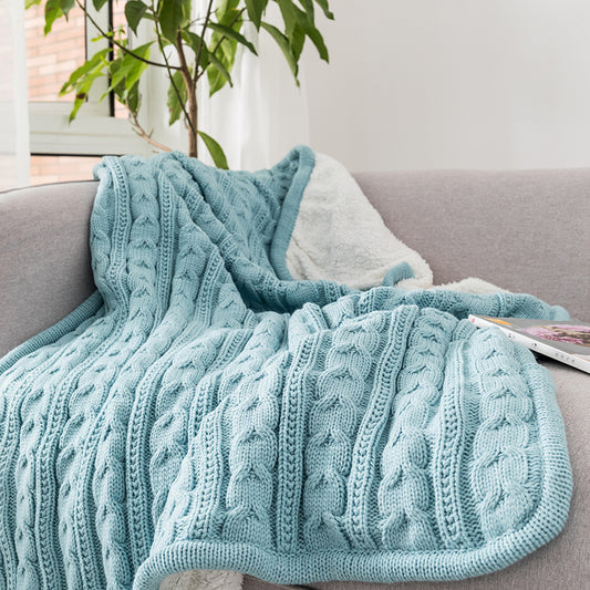Blue Color Chunky Knit 2 Sides Acrylic Yarn Plush Soft Sherpa Throw Blanket