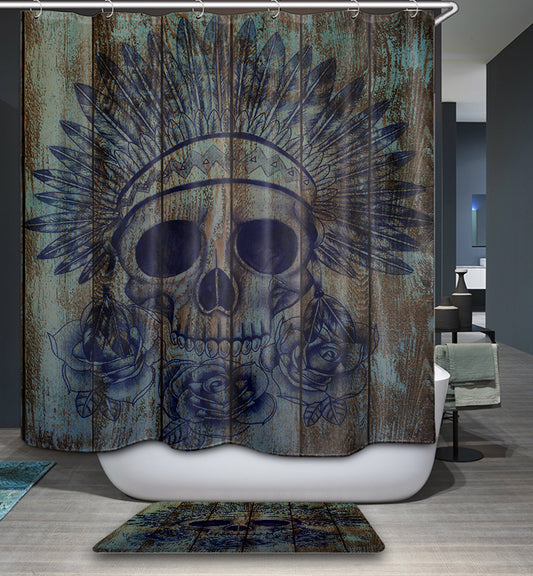 Native American Skull Wood Print Shower Curtain