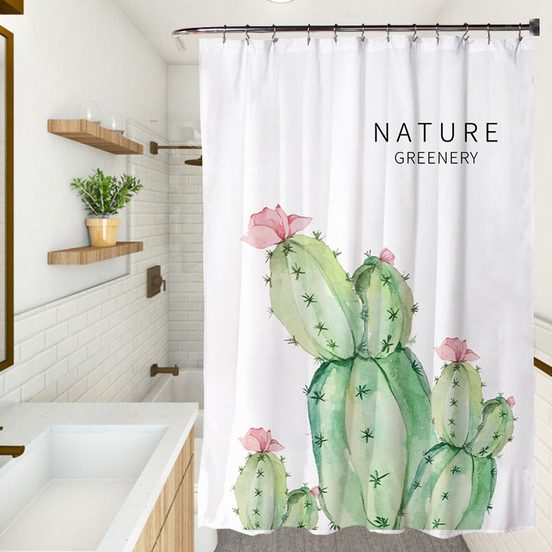 Nature Greenery Cactus Shower Curtain Watercolor Drawing Art