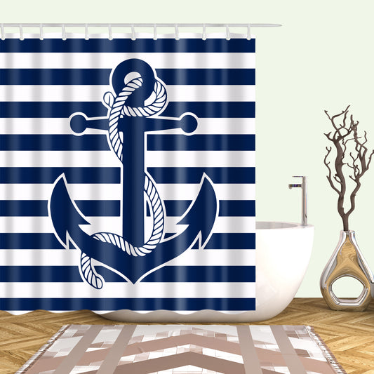 Nautical Blue White Stripe Anchor Shower Curtain