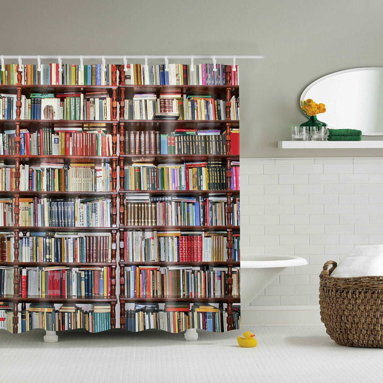Nerdy Library Bookshelf Shower Curtain | GoJeek