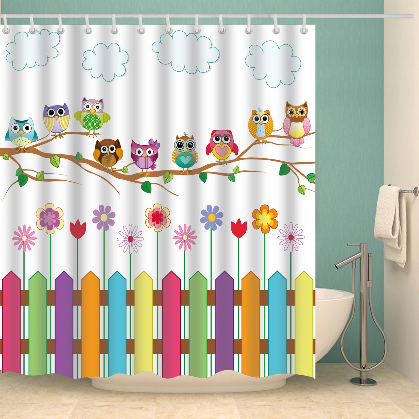 Nine Different Design Owls Hanging Tree Kids Shower Curtain
