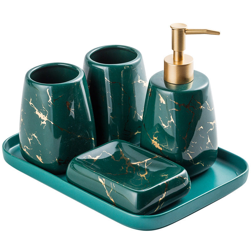 Marble Look Bathroom Accessories Set - Black/Green/White Color