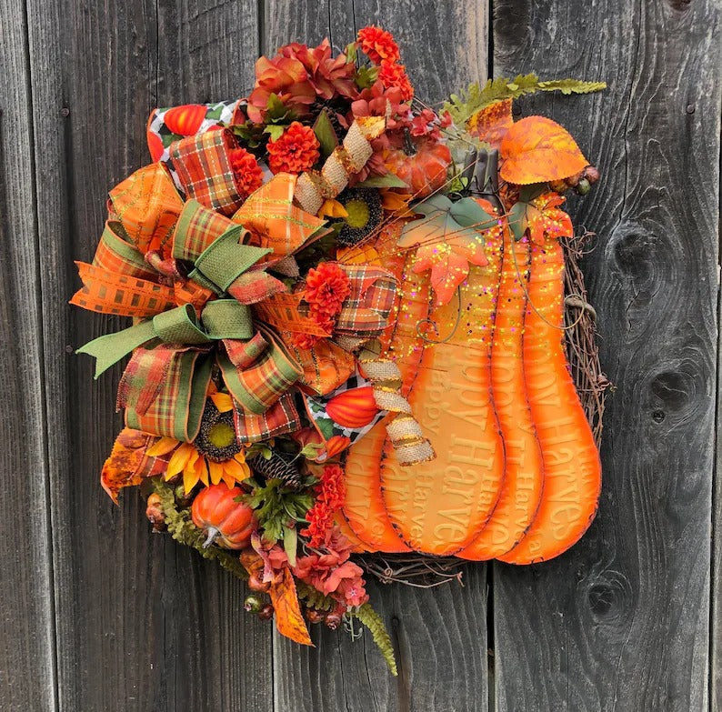 Fall Thanksgiving Big Yellow Pumpkin Grapevine Wreath