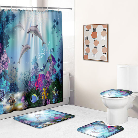 Underwater Sea Life Dolphin Shower Curtain Set - 4 Pcs