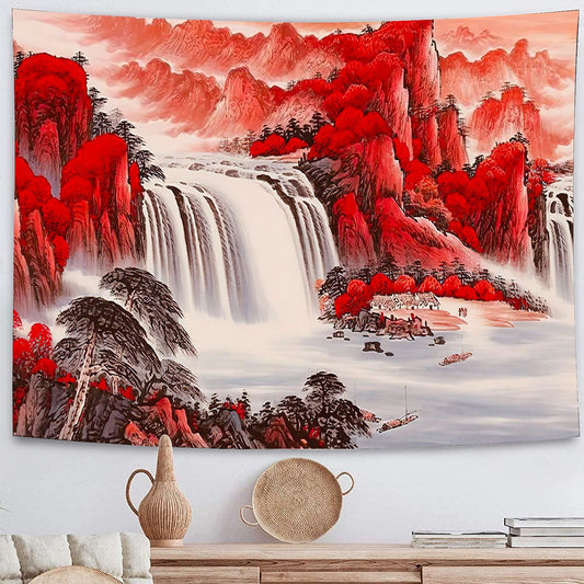 Asian Chinese Ink Painting Red Mountain Waterfall Tapestry