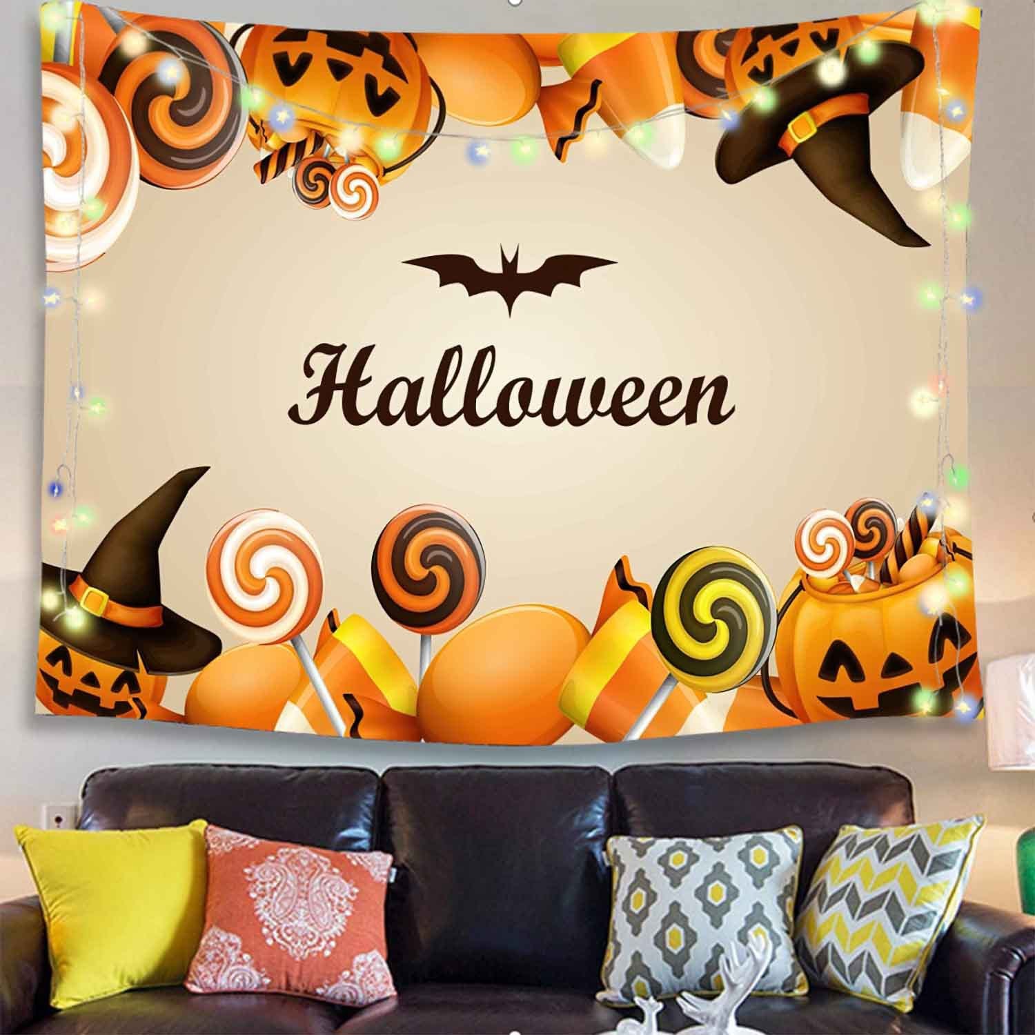 Cartoon Halloween Party Drawing Pumpkins Bat Tapestry
