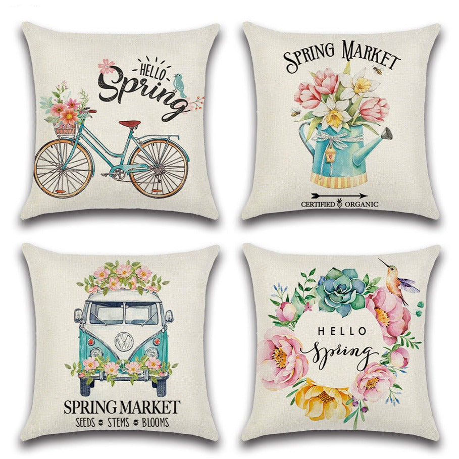 Vintage Hello Spring Pillow Cover Set of 4