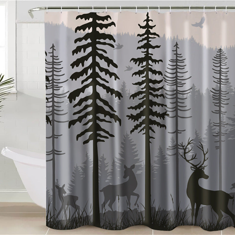 Black White Forest with Deer Shower Curtain