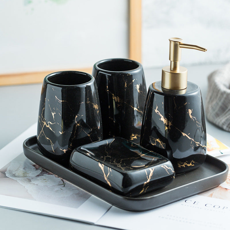 Marble Look Bathroom Accessories Set - Black/Green/White Color