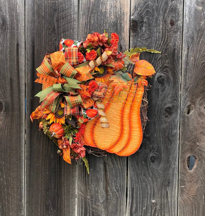 Fall Thanksgiving Big Yellow Pumpkin Grapevine Wreath