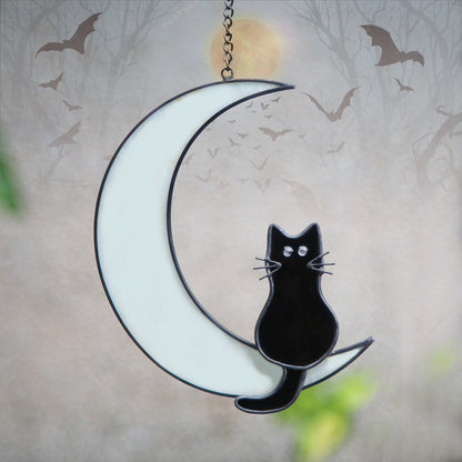 Cat Sit on Moon Stained Glass Suncatcher Window Hanging