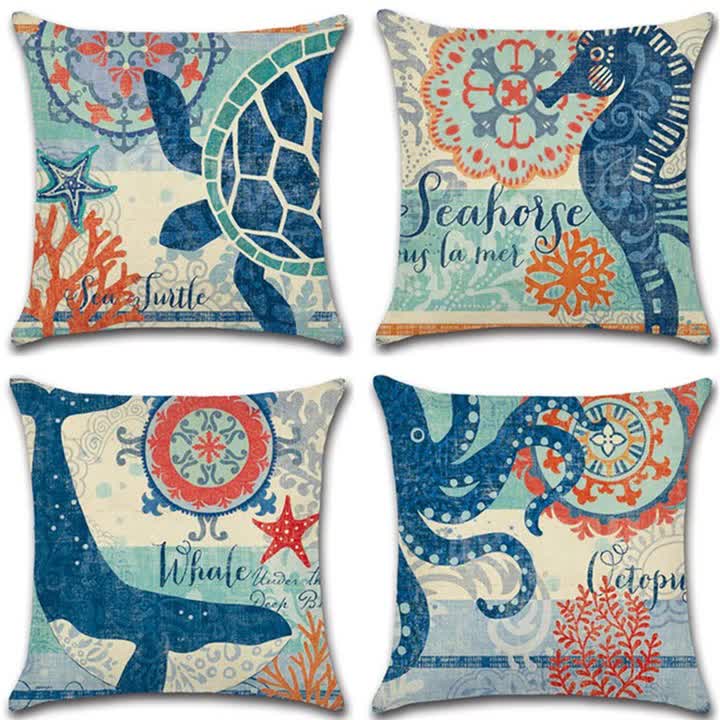 Vintage Ocean Creatures Throw Pillow Cover Set of 4