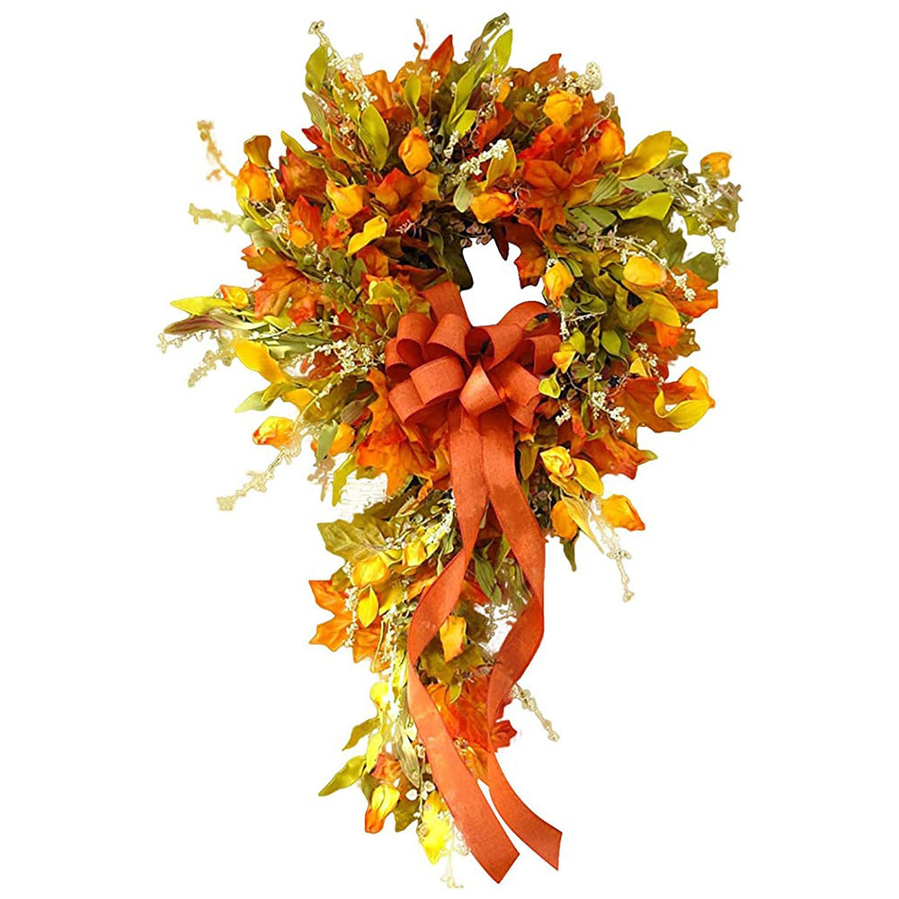 Maple Leaves Teardrop Swag Wreath with Ribbon