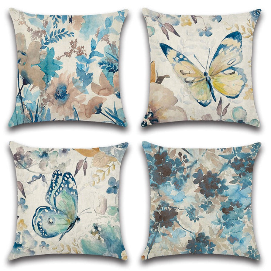 Botanical Palm Leaves Blue Butterfly Throw Pillow Covers Set of 4