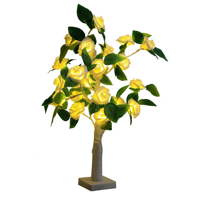Lighted Rose Tree with Green Leaves Lamp