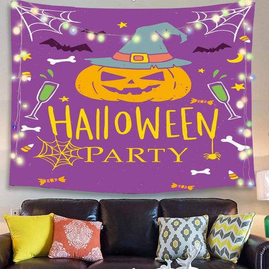 Purple Backdrop Pumpkin with Witch Hat Halloween Tapestry